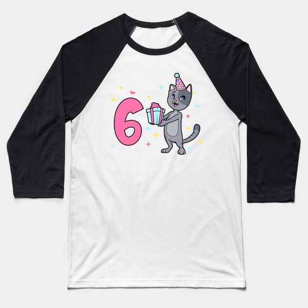 I am 6 with cat - girl birthday 6 years old Baseball T-Shirt by Modern Medieval Design